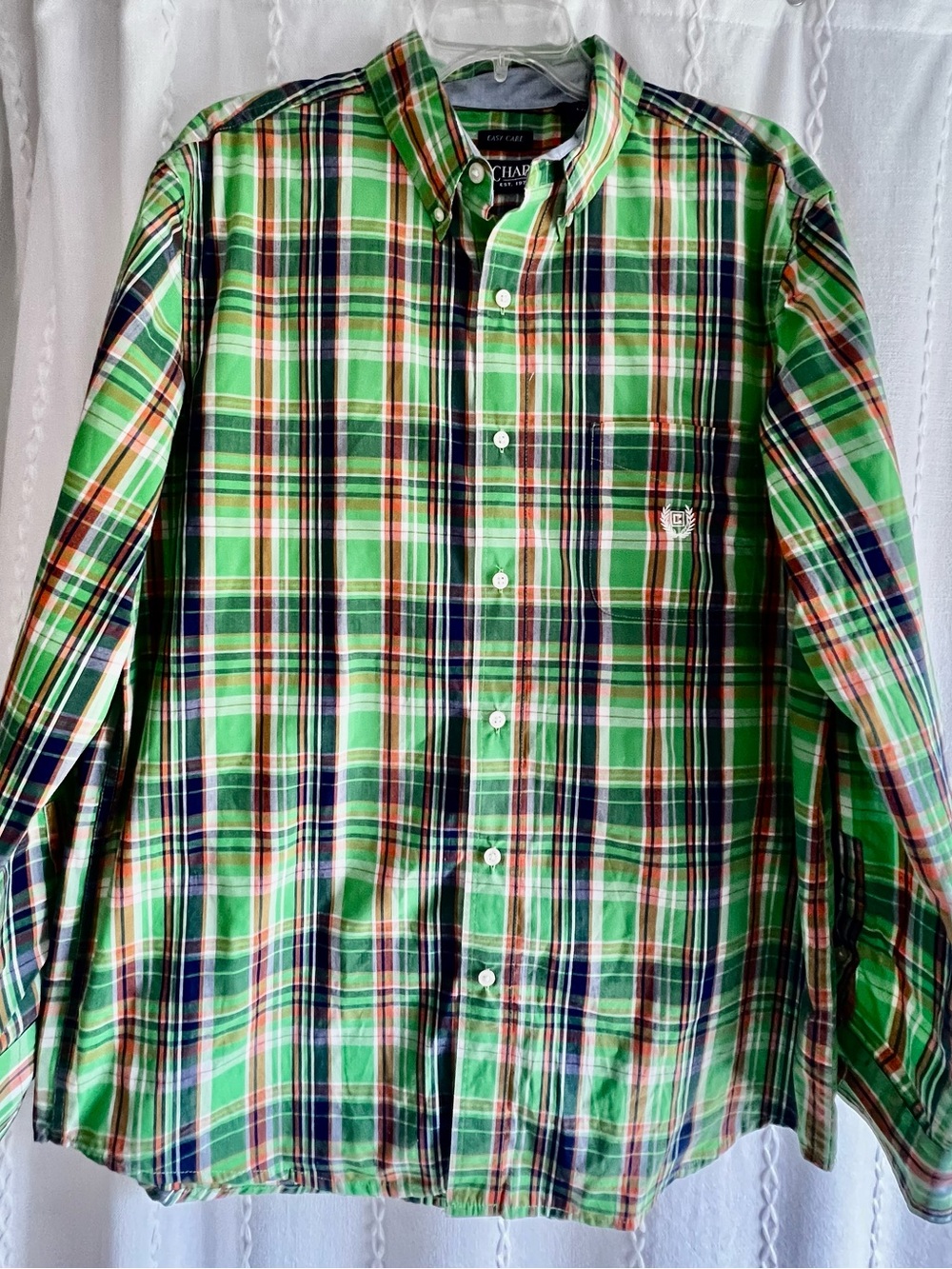 Chaps Green Plaid Button-Down Shirt with Navy & Orange Accents